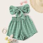 Romwe Gingham Print Knot Shirred Bandeau Top And Shorts Set
