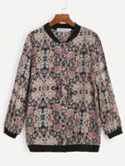 Romwe Contrast Floral Print Button Front Bomber Jacket