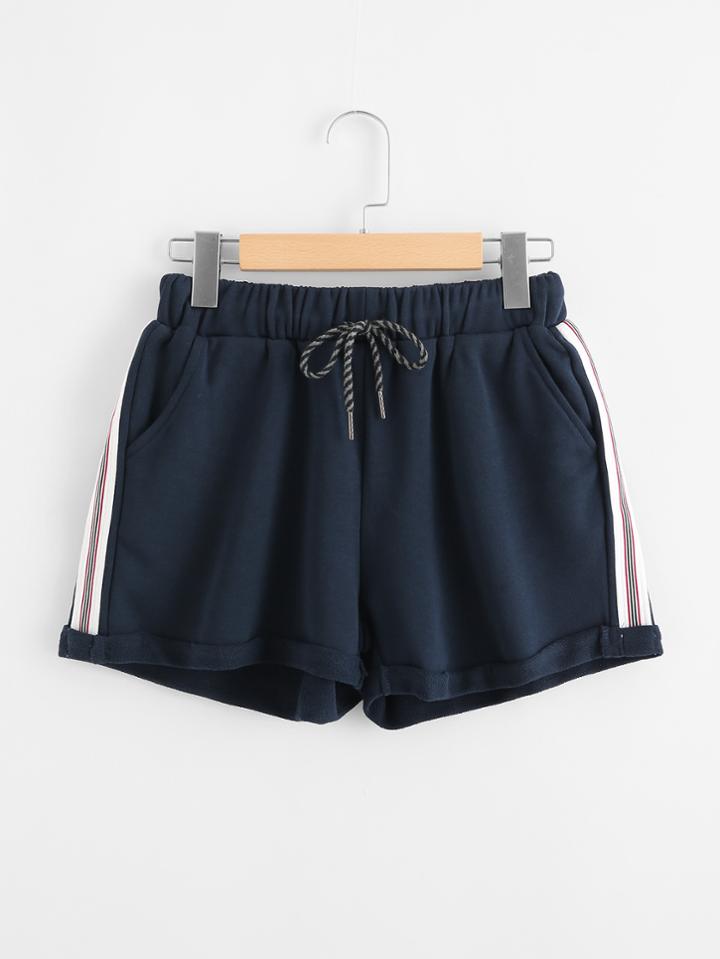 Romwe Striped Side Rolled Hem Shorts