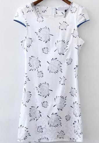 Romwe Square Neck Leaves Print White Dress