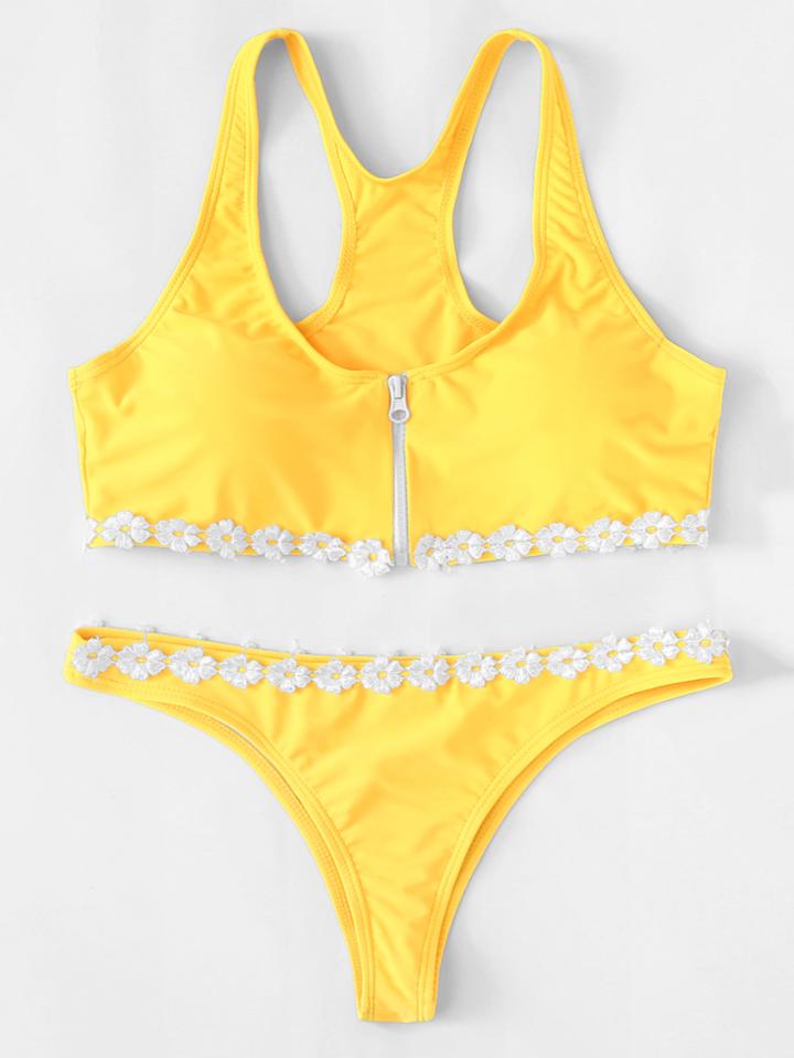 Romwe Flower Applique Zipper Bikini Set