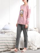 Romwe Stripe Panel Cartoon Pullover & Pants Pj Set