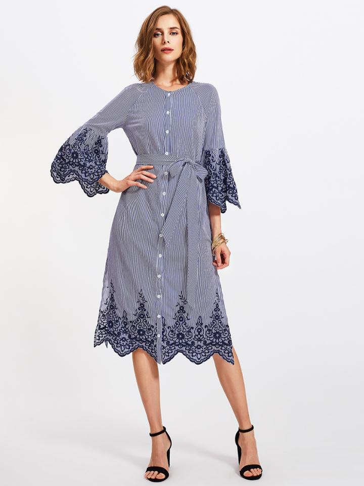 Romwe Fluted Sleeve Self Tie Side Slit Pinstriped Shirt Dress