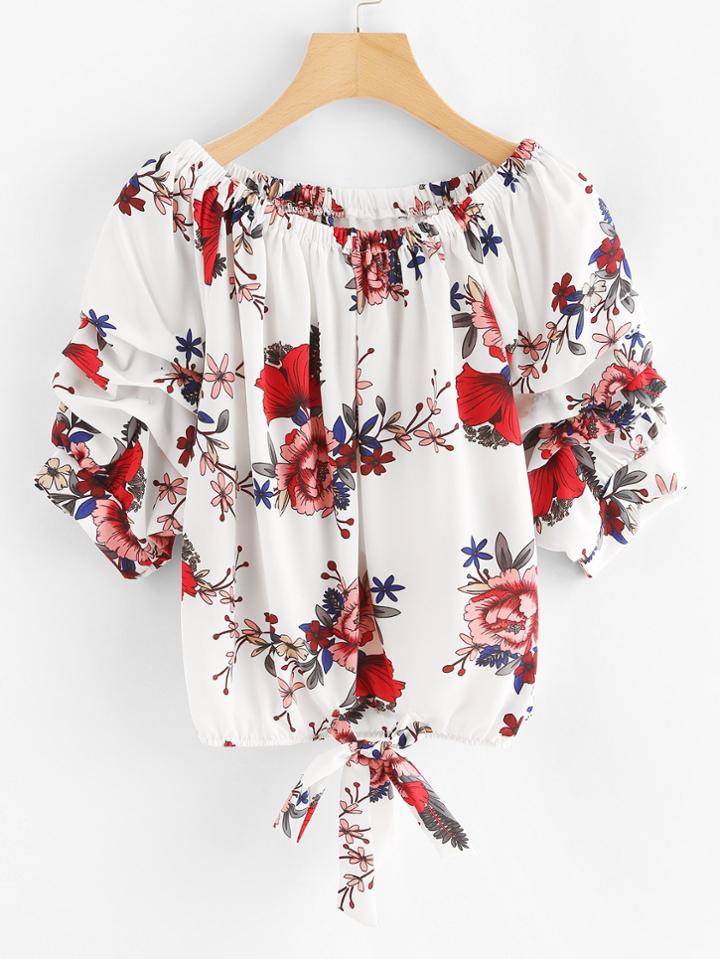 Romwe Off Shoulder Floral Print Tie Hem Top
