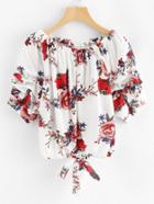 Romwe Off Shoulder Floral Print Tie Hem Top