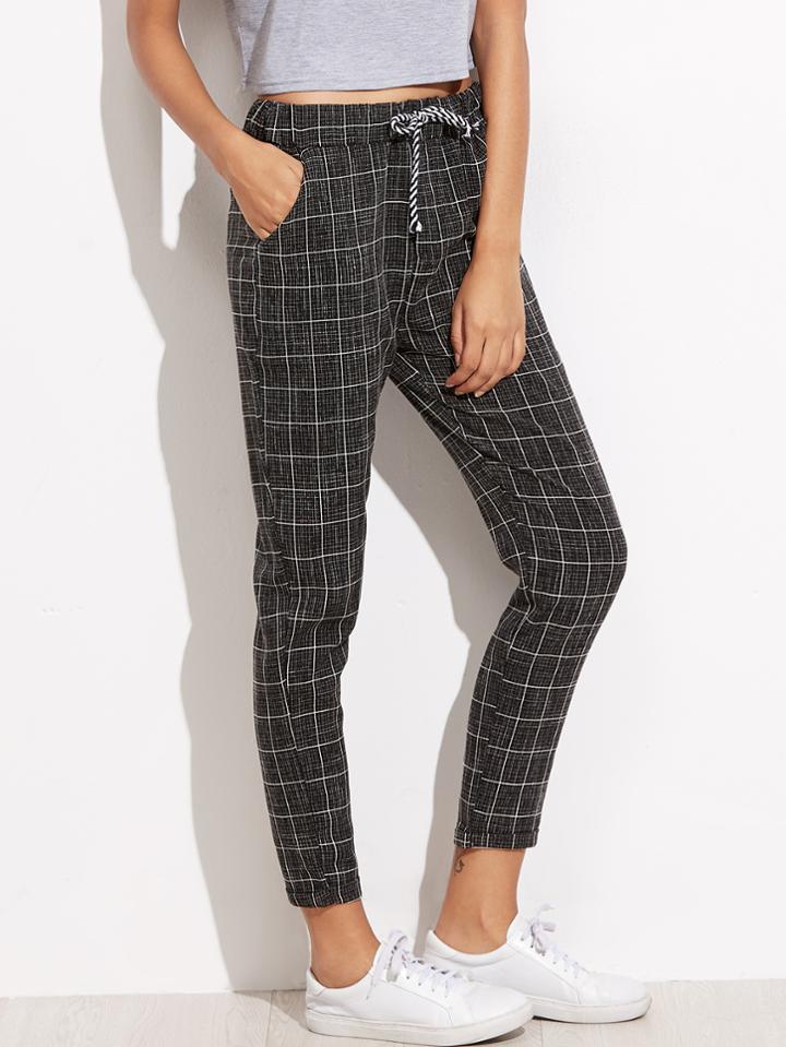 Romwe Black Plaid Tie Waist Pockets Pants