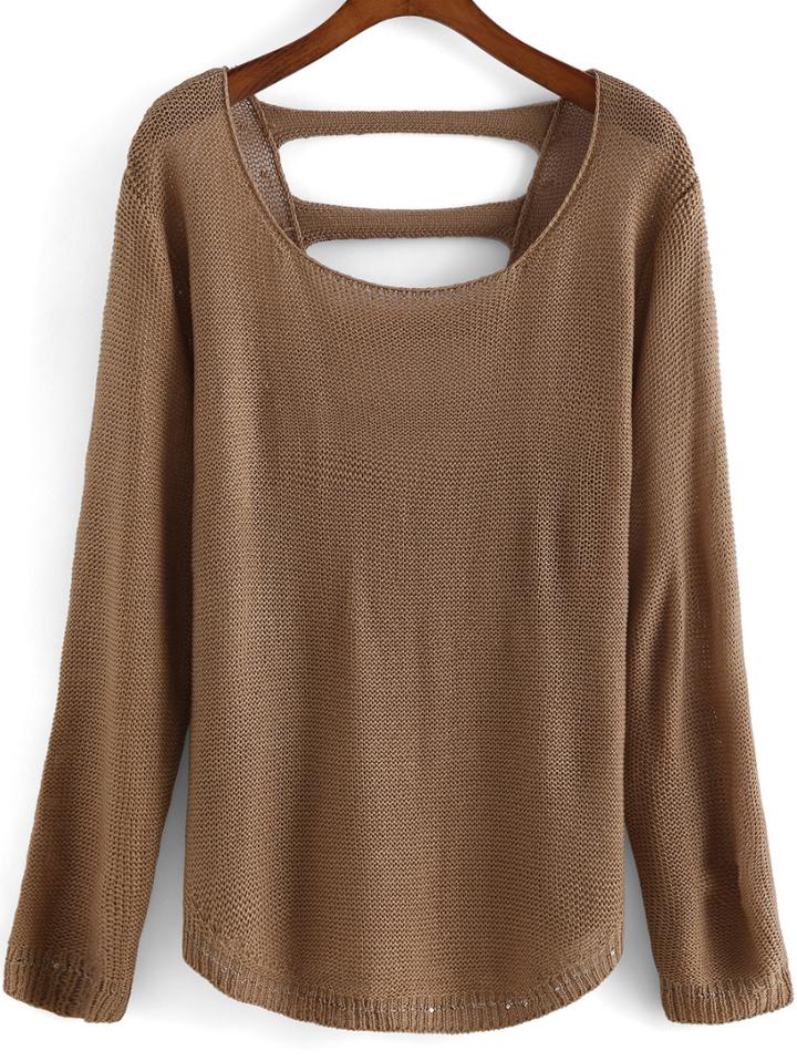 Romwe Round Neck Hollow Khaki Sweater
