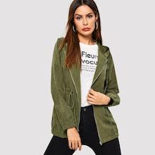 Romwe Drawstring Waist Zip Hooded Utility Coat