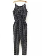 Romwe Black Printed Pockets Elastic Waist Spaghetti Strap Jumpsuit