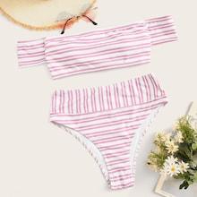 Romwe Striped Short Sleeve Bardot Top With High Waist Bikini