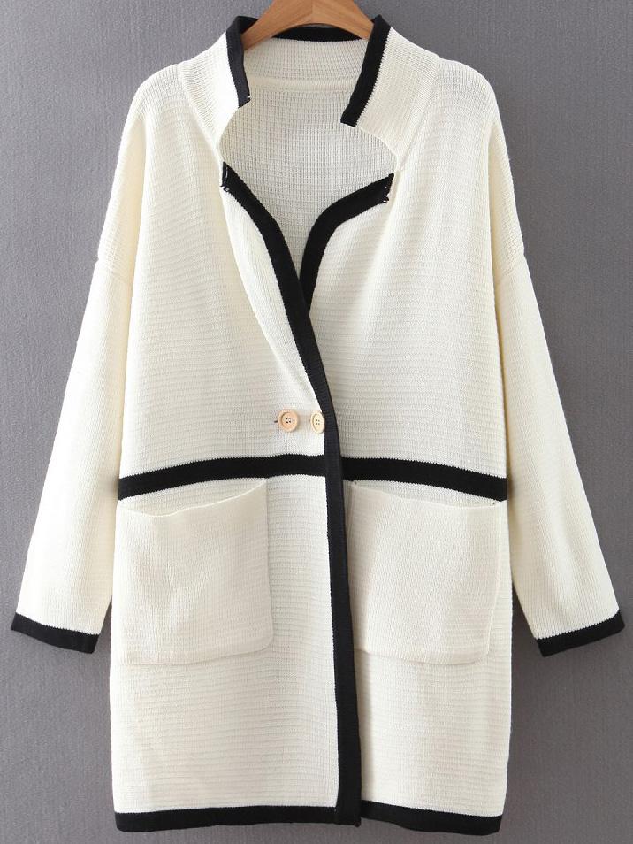 Romwe White Contrast Striped Sweater Coat With Buttons