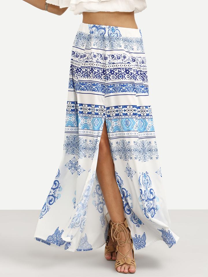 Romwe Blue Vintage Print Slit Skirt