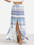 Romwe Blue Vintage Print Slit Skirt