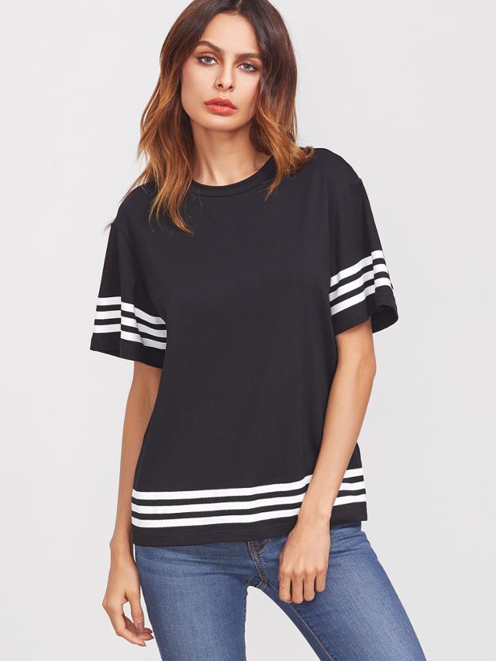 Romwe Black Drop Shoulder Striped Trim T-shirt
