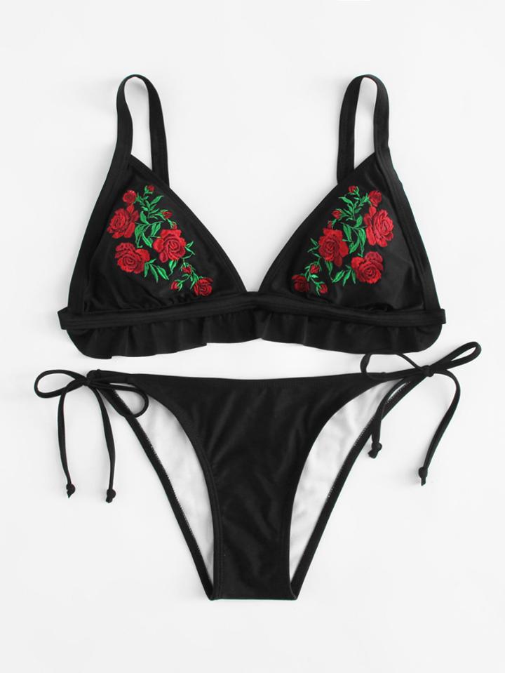 Romwe Embroidered Flower Ruffle Hem Bikini Set