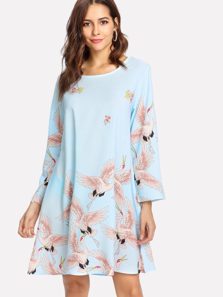 Romwe Crane Bird Print Tunic Dress