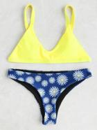 Romwe Daisy Print High Leg Triangle Bikini Set