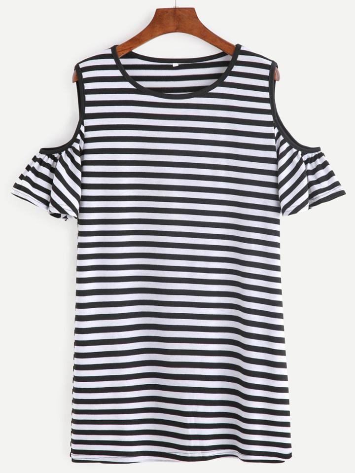 Romwe Black And White Striped Open Shoulder Puff Sleeve Dress