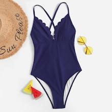 Romwe Cross Back Scalloped Trim One Piece Swimsuit