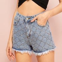 Romwe Beaded Pocket Detail Raw Hem Denim Shorts