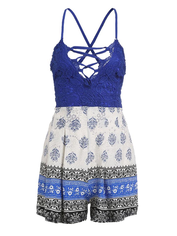 Romwe Blue Tribal Print Criss Cross Lace Romper