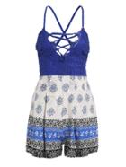 Romwe Blue Tribal Print Criss Cross Lace Romper