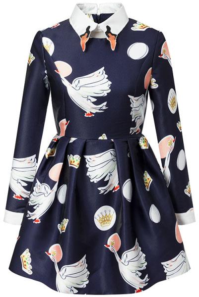 Romwe Navy Long Sleeve Imperial Crown Swan Print Dress
