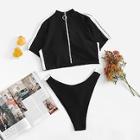 Romwe High Leg Zipper Up Two Piece Swimwear