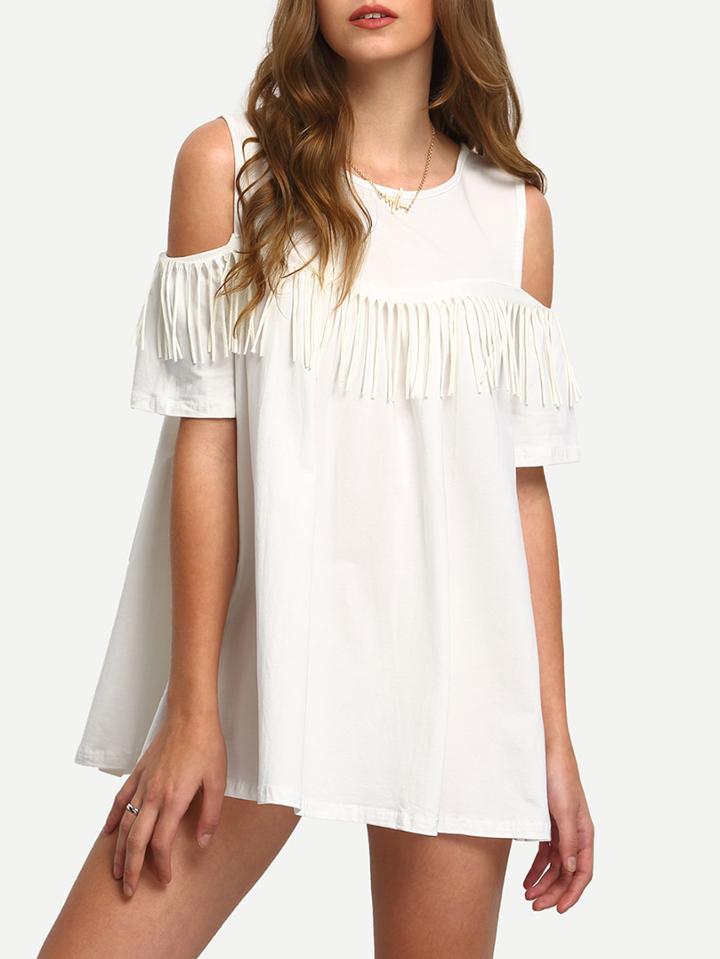 Romwe White Open Shoulder Fringe A-line Dress