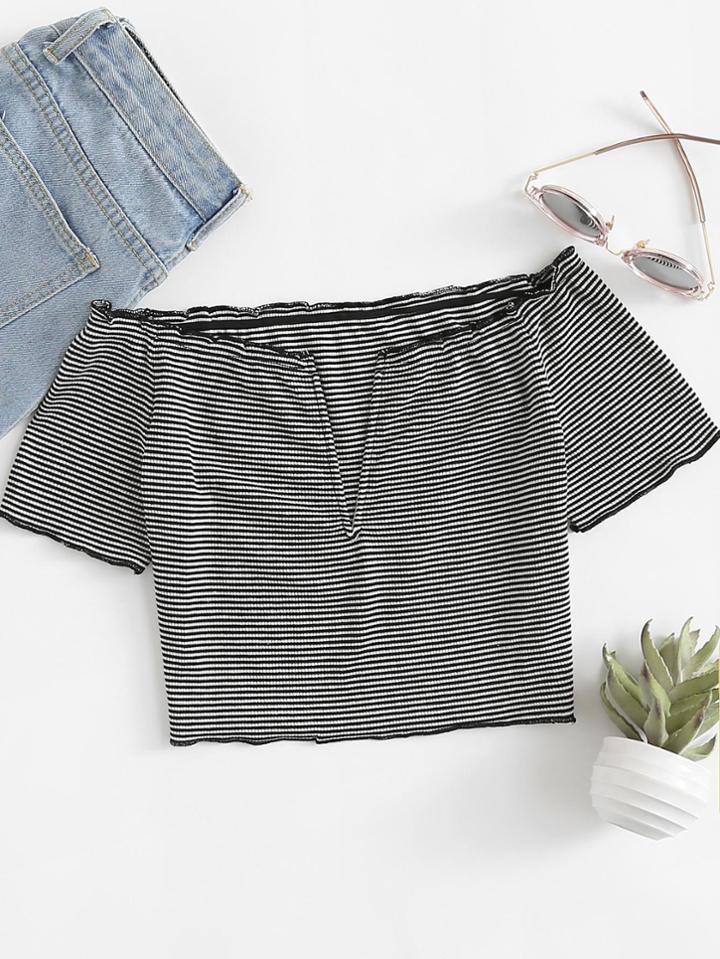 Romwe Off Shoulder V Cut Striped Tee