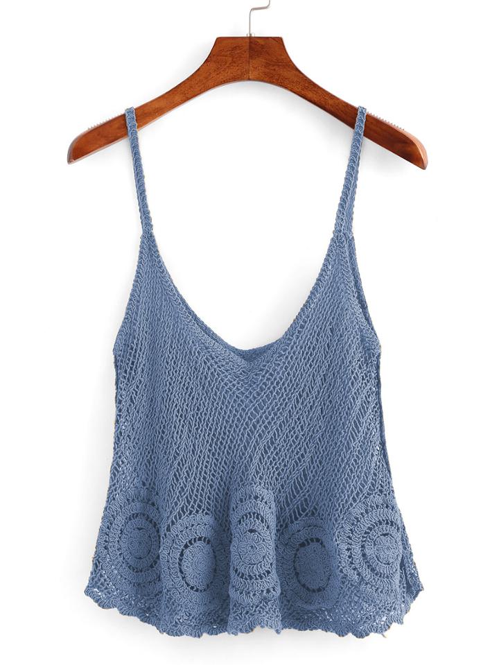 Romwe Hollow Out Crochet Cami Top - Blue