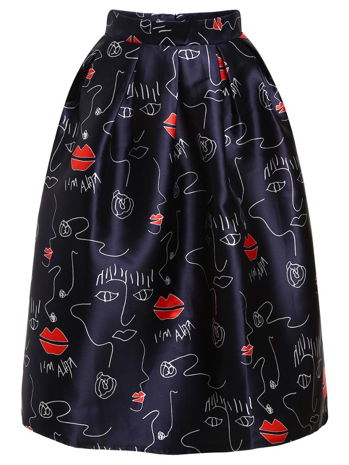 Romwe Face Graffiti Print Box Pleat Midi Skirt