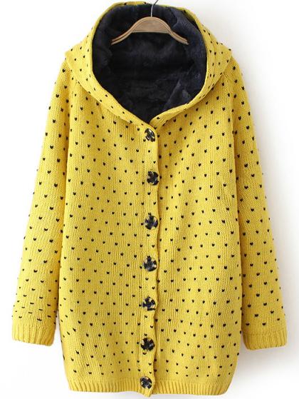 Romwe Hooded Heart Pattern Yellow Coat