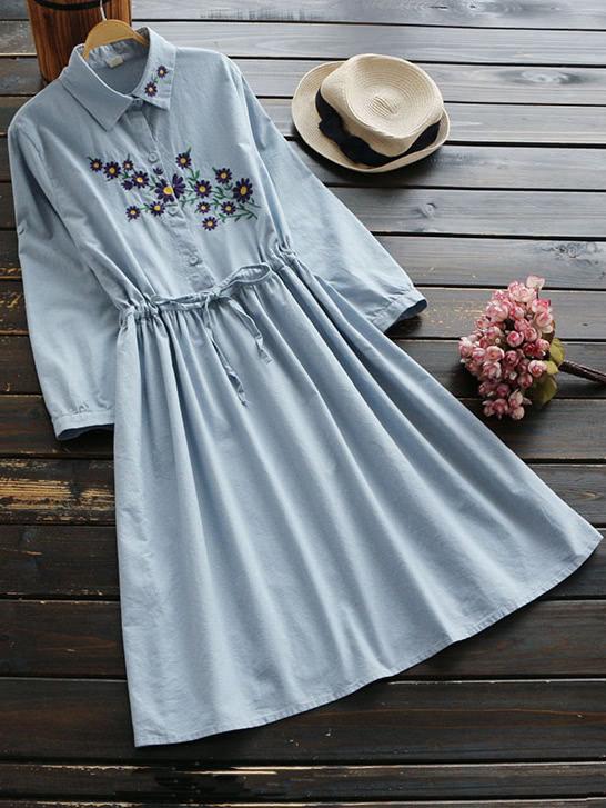 Romwe Floral Embroidered Drawstring Waist Shirt Dress