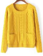 Romwe Cable Knit Pockets Yellow Sweater