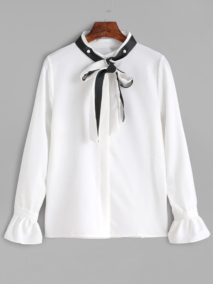 Romwe White Contrast Neck Self Tie Ruffle Blouse