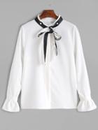 Romwe White Contrast Neck Self Tie Ruffle Blouse