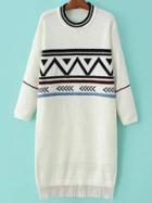 Romwe White Geometric Pattern Fringe Hem Sweater Dress