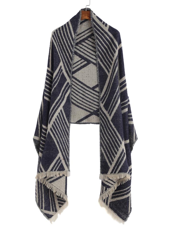 Romwe Navy And Beige Geometric Pattern Fringe Shawl Scarf