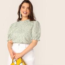 Romwe Plus Ditsy Floral Print Frilled Trim Top
