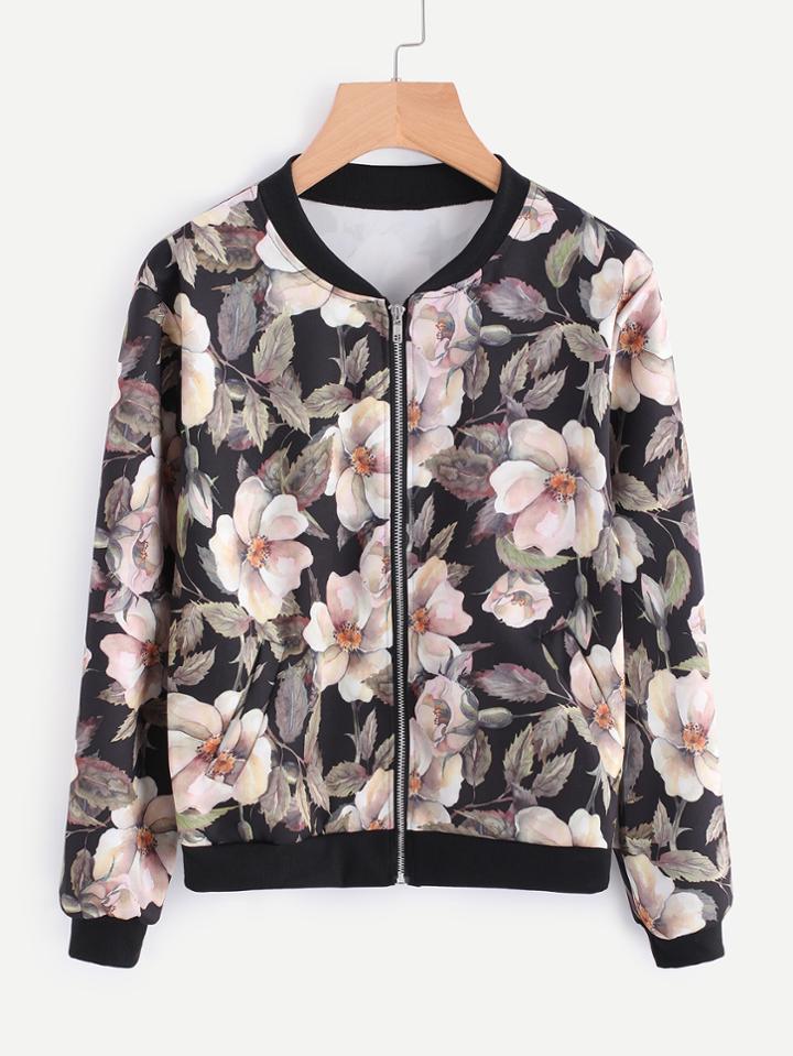Romwe Floral Print Random Bomber Jacket