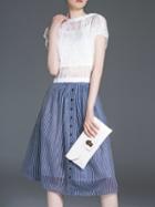 Romwe White Blue Bowknot Three Pieces Top With Striped Skirt