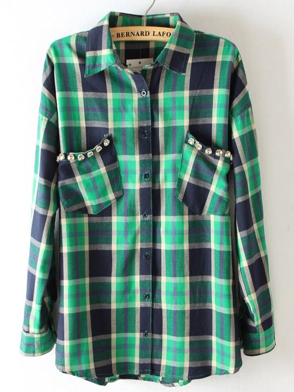 Romwe Lapel Plaid Pockets Blouse With Beaded