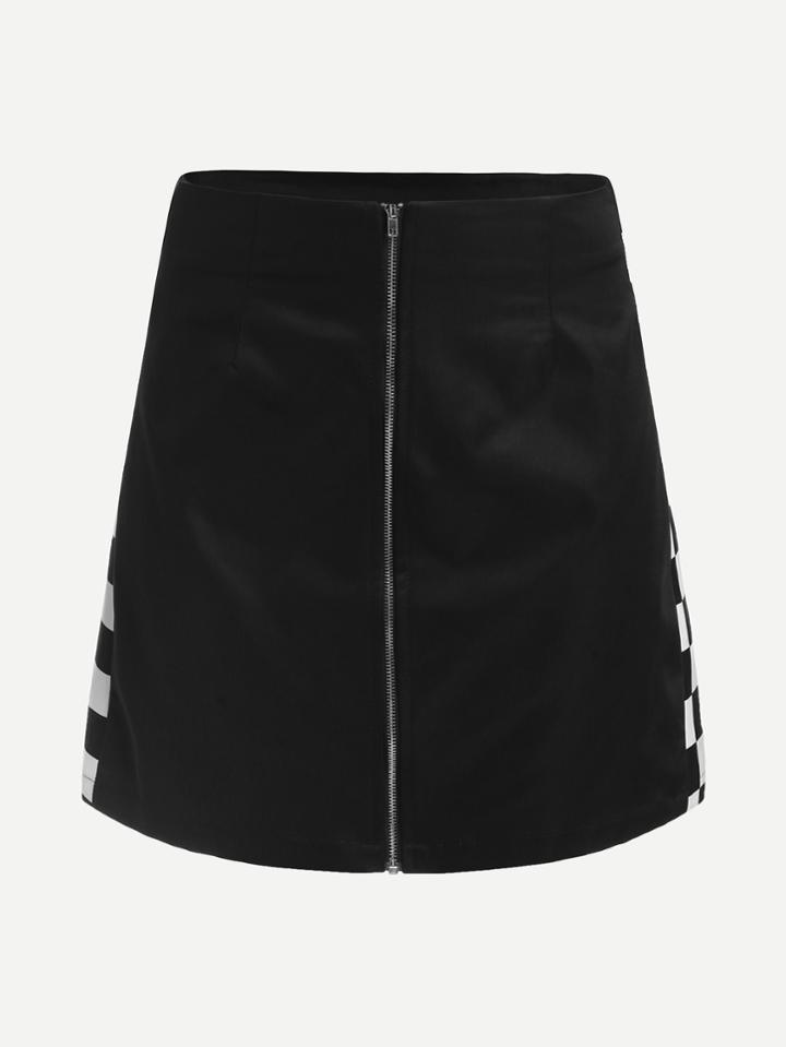 Romwe Zip Up Front Gingham Skirt