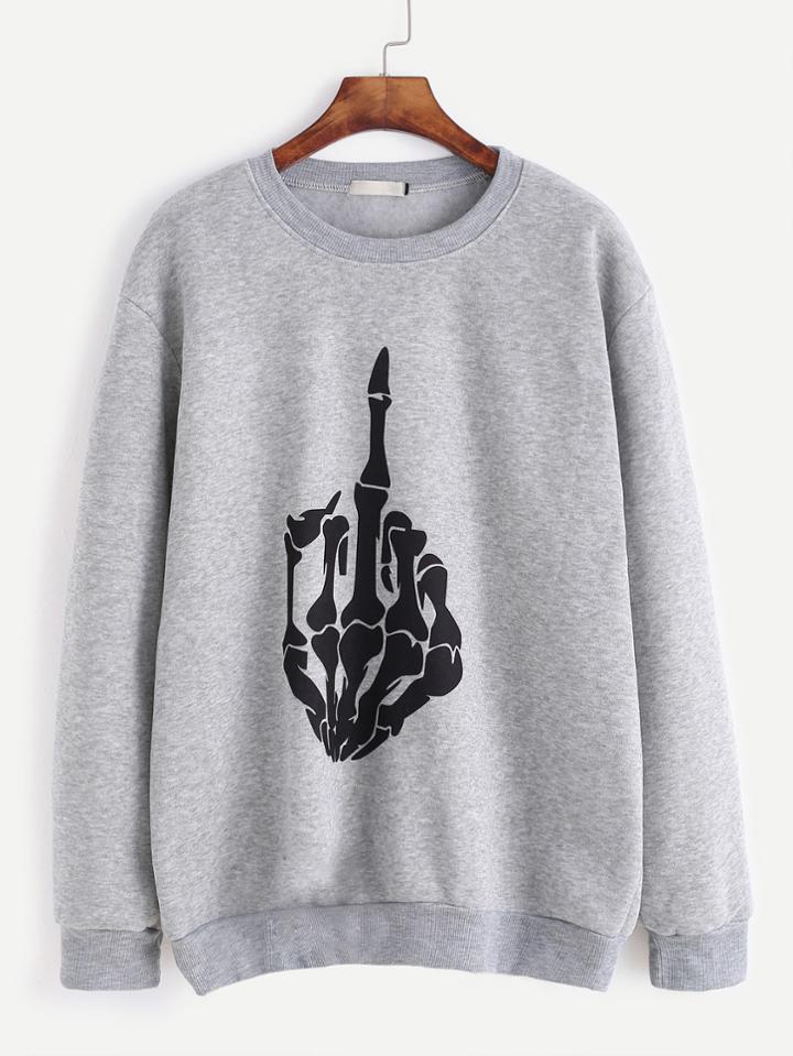Romwe Light Grey Hand Bone Print Sweatshirt