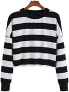 Romwe Striped Crop White Sweatshirt