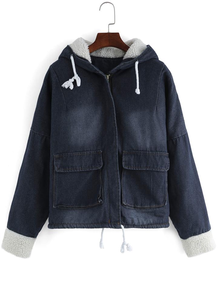 Romwe Hooded Drawstring Zipper Pockets Denim Coat