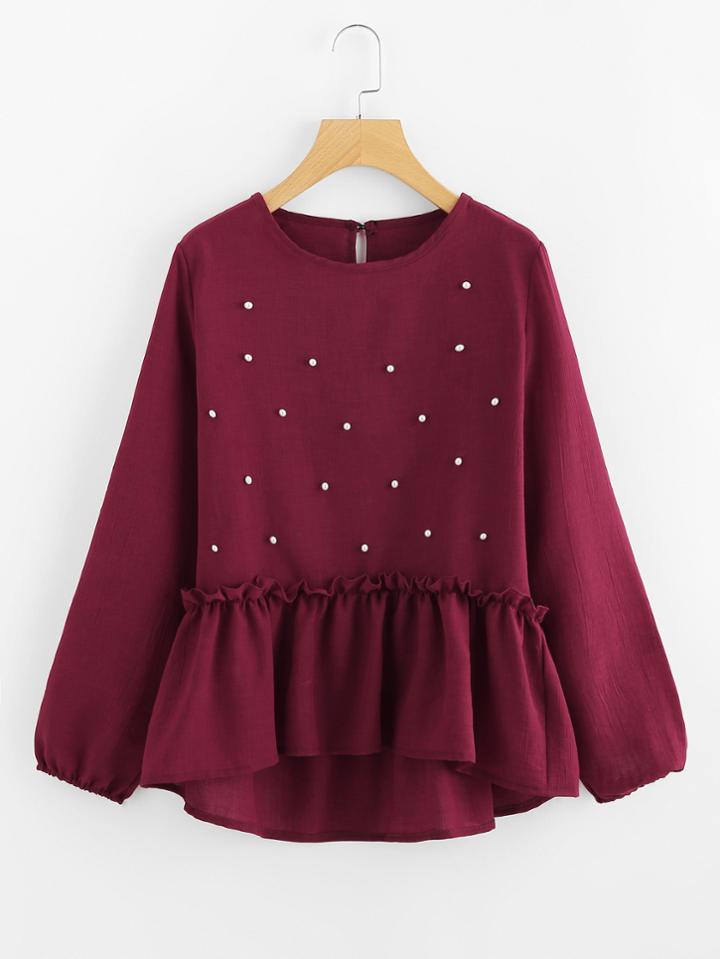 Romwe Pearl Beaded Frill Dip Hem Blouse