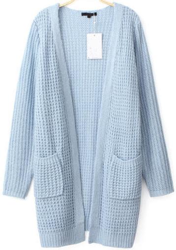 Romwe Pockets Knit Blue Cardigan
