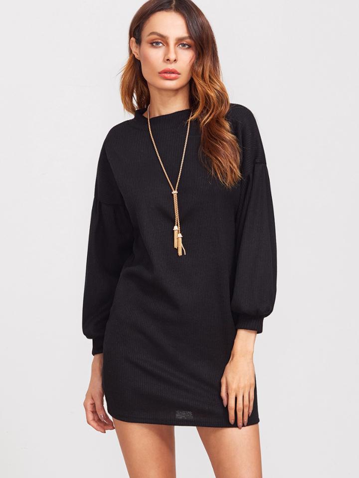 Romwe Black Dropped Shoulder Seam Lantern Sleeve Sweater Dress